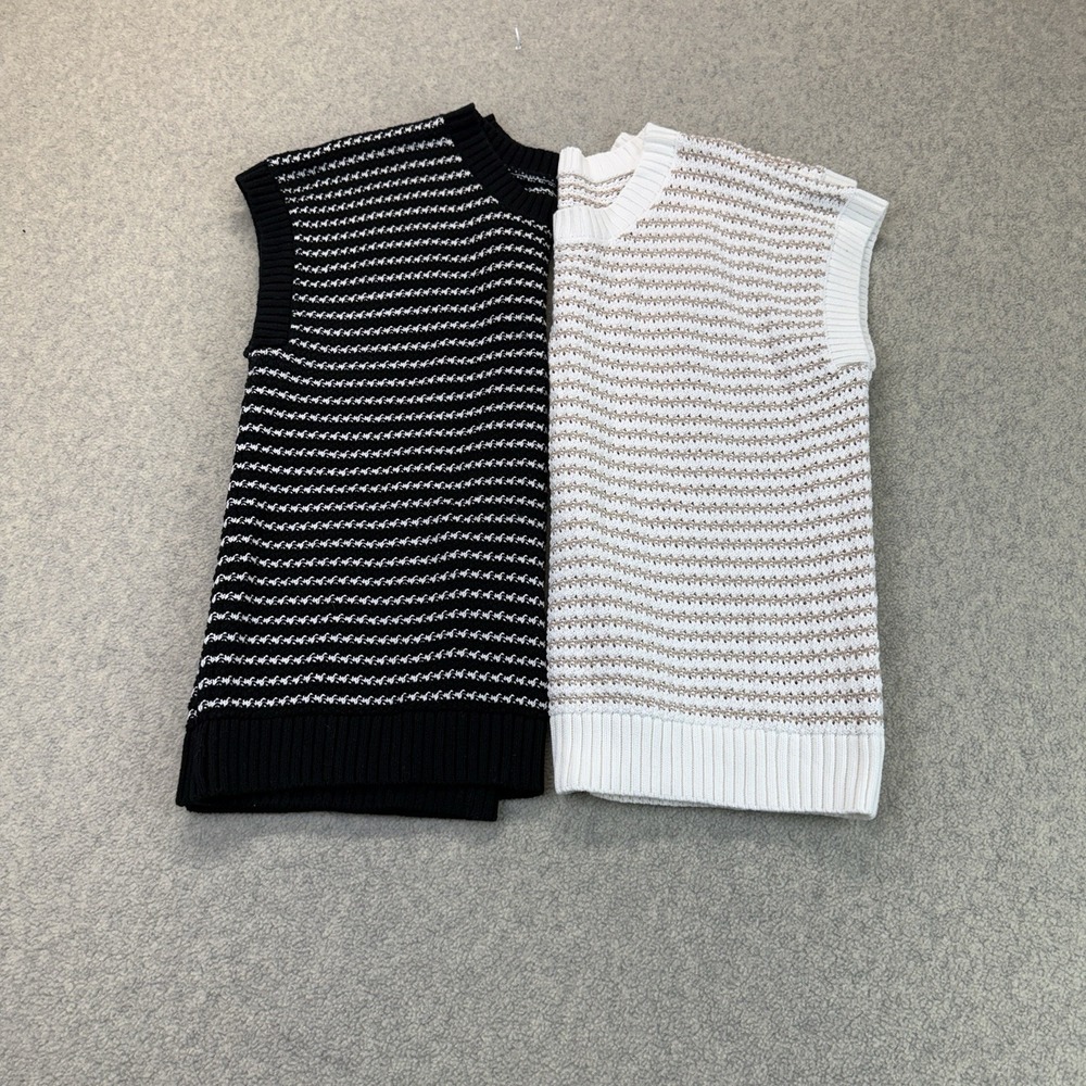 Women's Size L Lot of 2 Striped Open-Knit Sleeveless Sweater Vests Black White